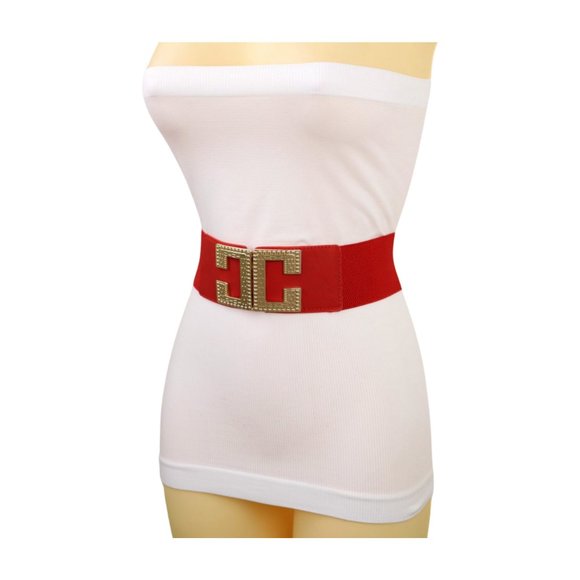 Women Red Elastic Hip High Waist Fashion Belt Big Gold Metal C Buckle Size S M - Picture 7 of 17